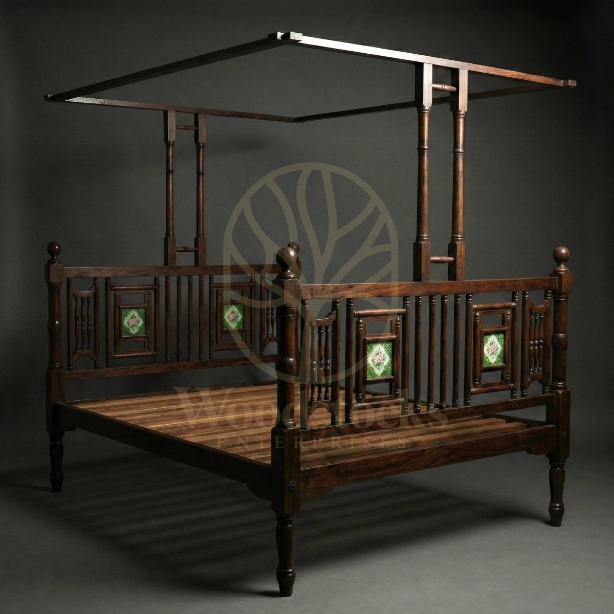 Royal Hand Carved Teak Deccan Residency Bungalow Canopy Bed, Saharanpur, view 2