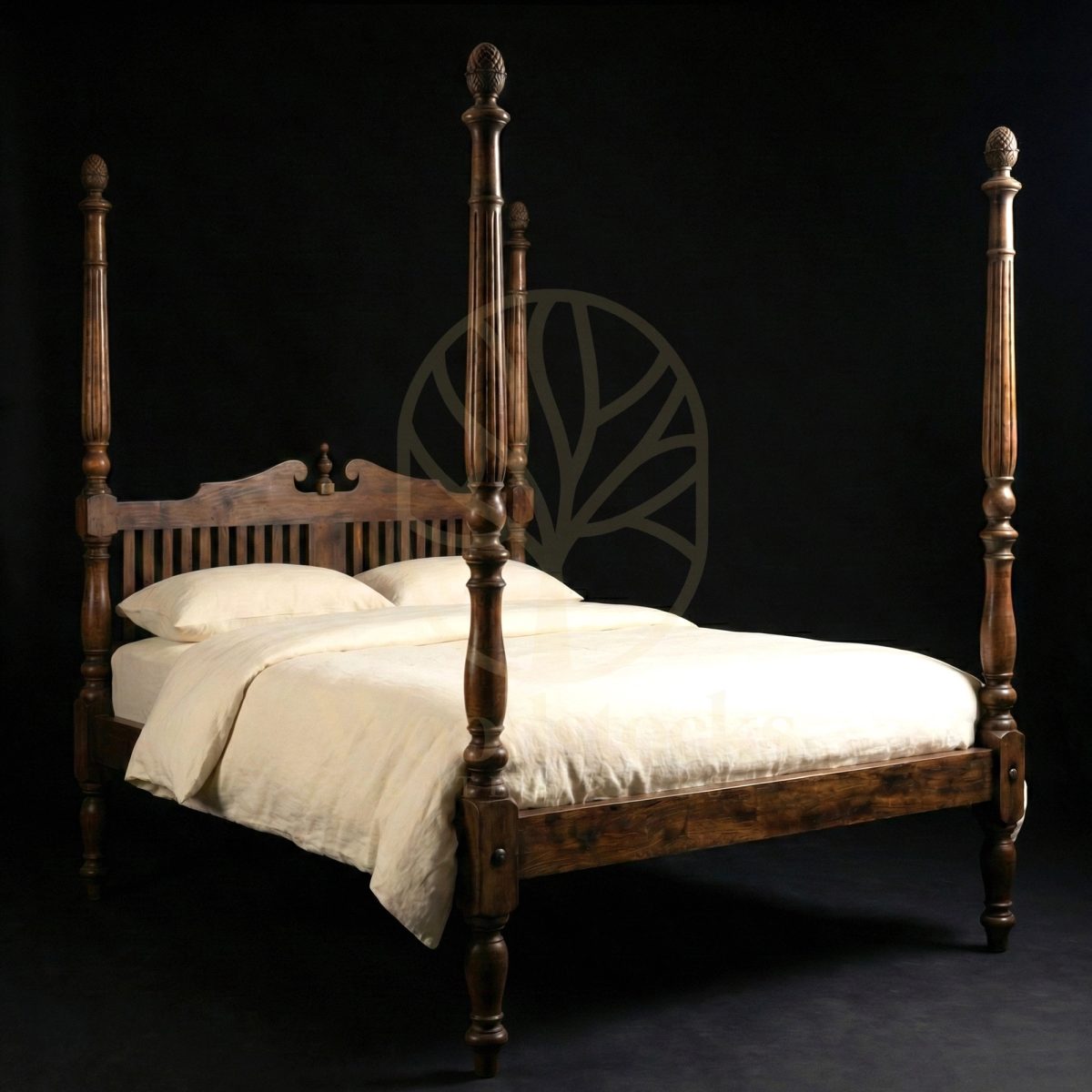 Royal Hand Carved Teak British Residency Slat-Back Poster Bed, Saharanpur, Four Poster Bed