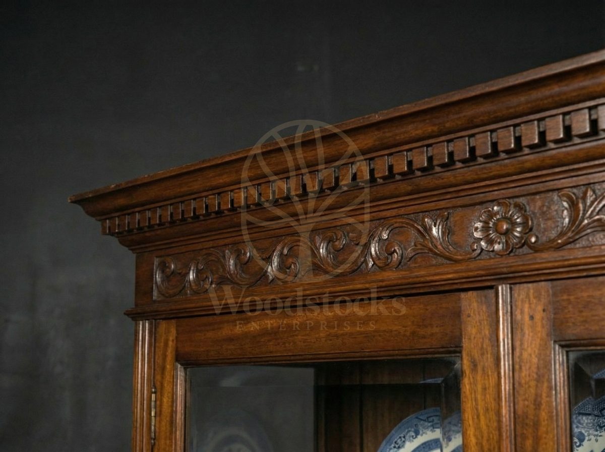 Hand Carved Teak Stratford Rosette-panel Glass Hutch, Saharanpur, view 4