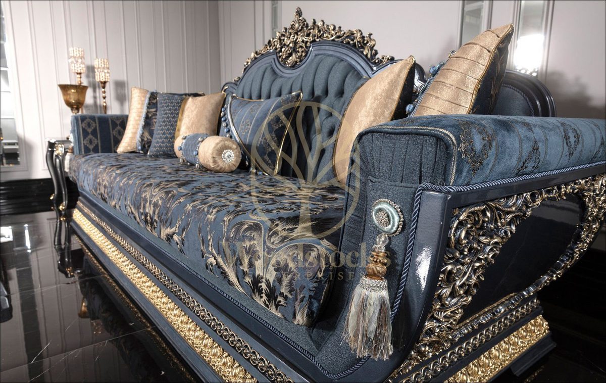Teak Palace Blue and Silver Carved Sofa Set, view 6