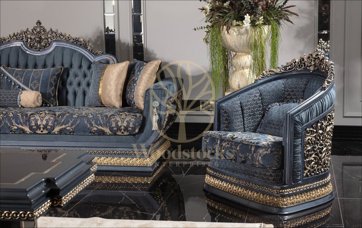 Teak Palace Blue and Silver Carved Sofa Set, view 3