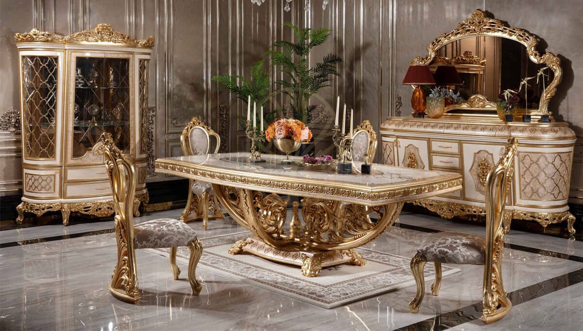 Royal Sultanahmet Gold Leaf Hand Carved Teak Dining Table Set, Saharanpur, Dining Table