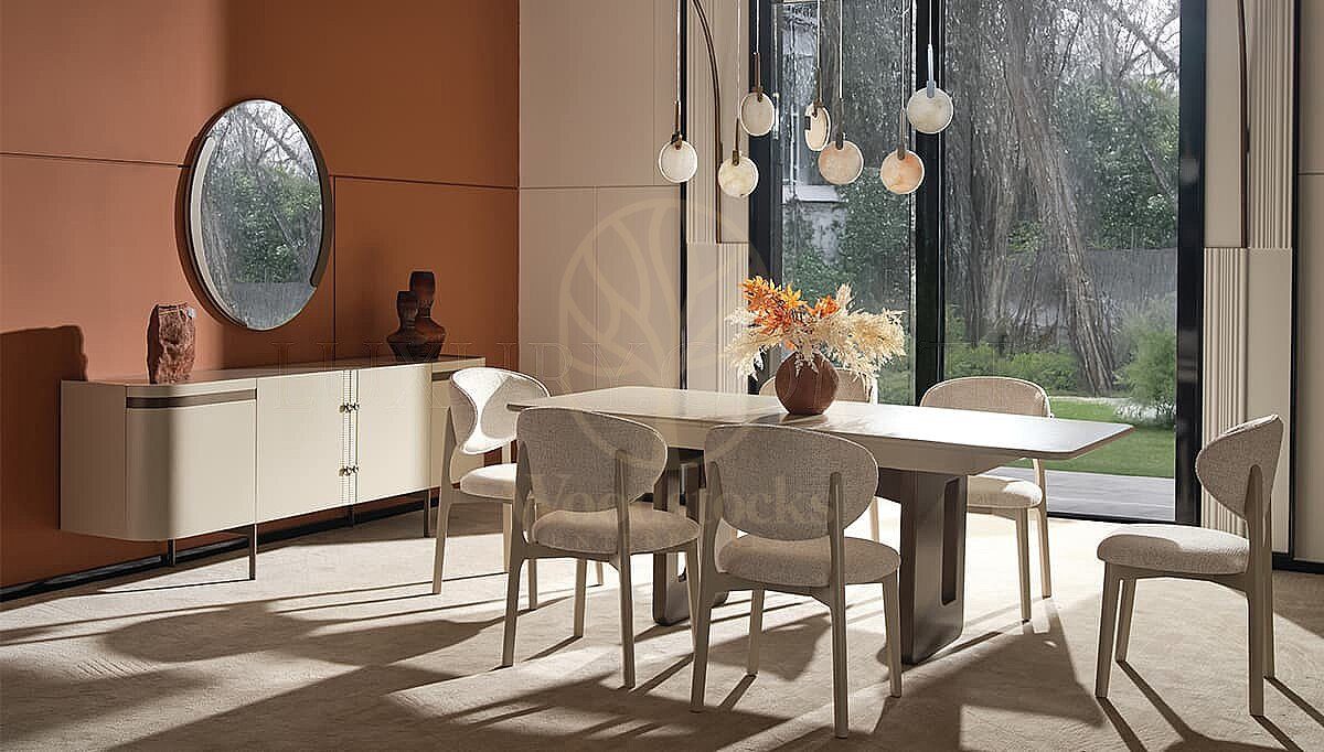 Luxury Yildiz Beige Handcrafted Teak Dining Table Set, Saharanpur, Dining Table