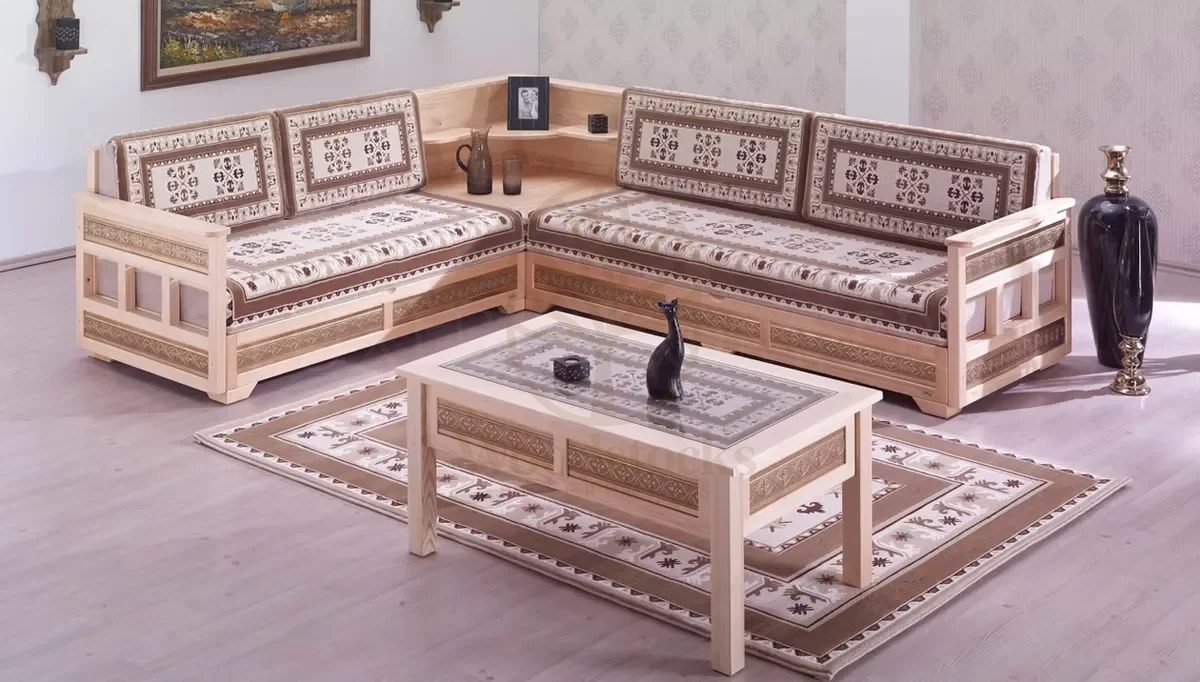 Royal Hunkar Hand Carved Teak L-Shape Sofa, Saharanpur, L Shape Sofa