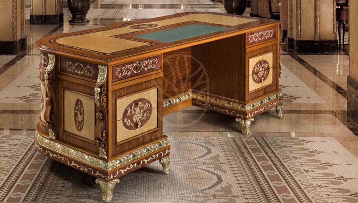 Royal Hanza Bronze Hand Carved Teak Office Table, Saharanpur, view 3