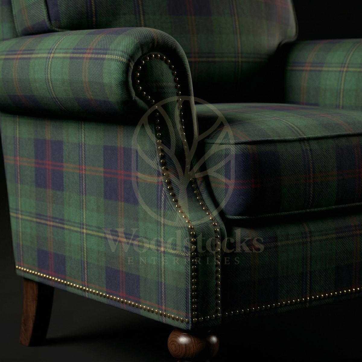 Luxury Teak Balmoral Library Chair in Victorian Tartan, Saharanpur, view 3