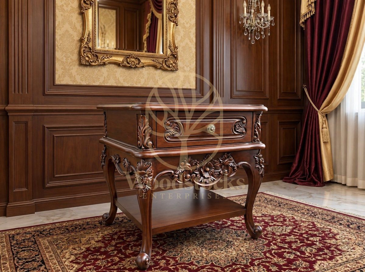 Teak Luxury Maharaja Carved Walnut Side Table, view 3