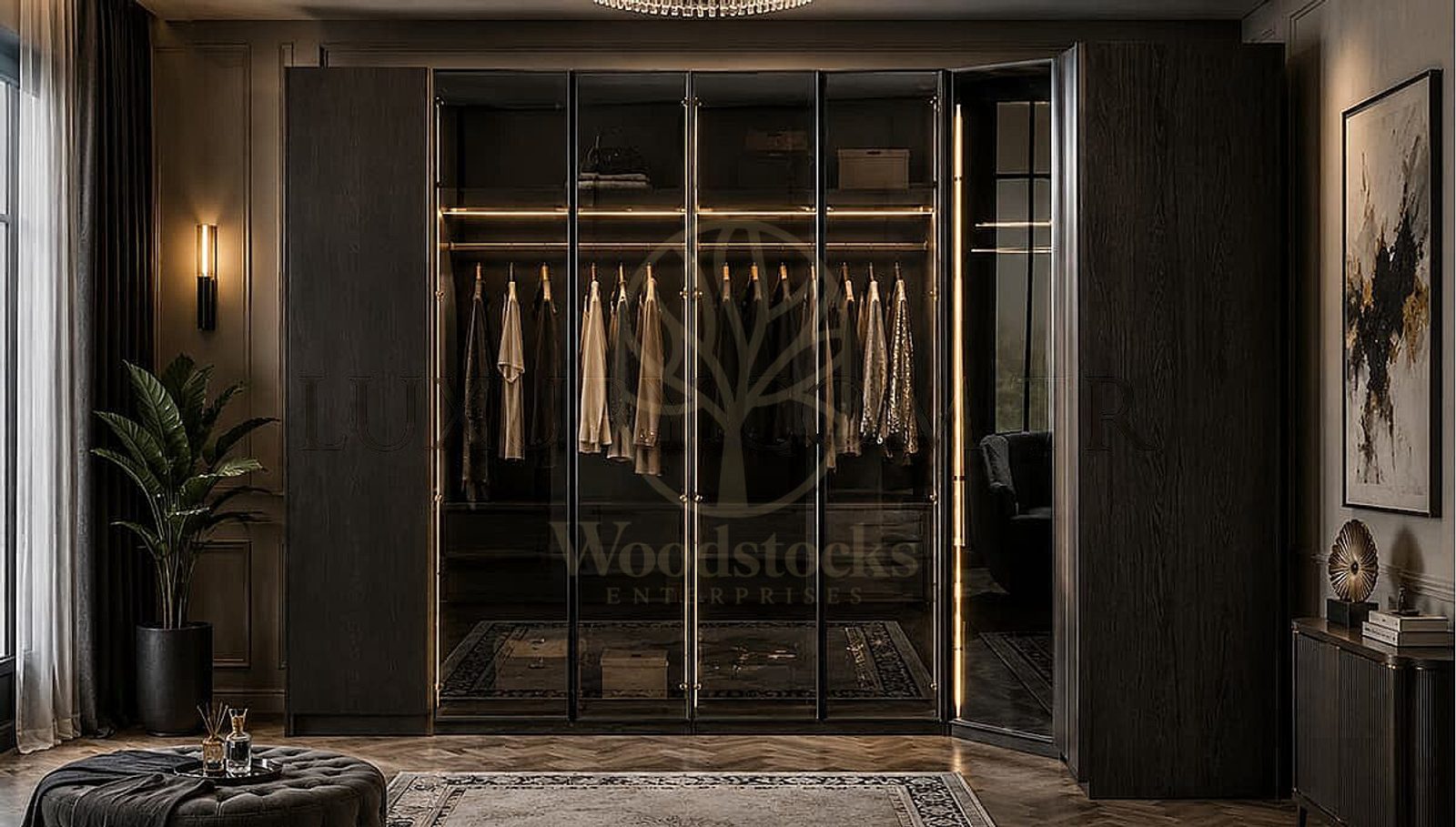 Luxury Cortina Handcrafted Teak Walk-in Wardrobe, Saharanpur, hand-carved to order at the Woodstocks workshop in Saharanpur