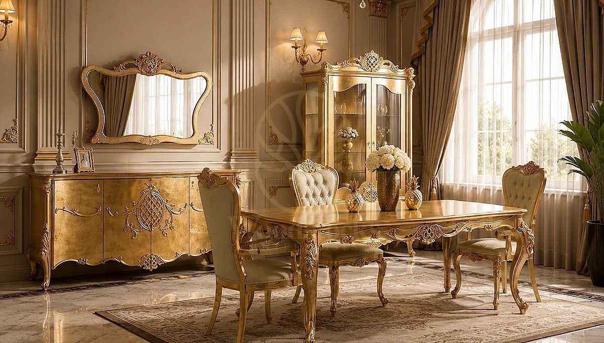 Luxury Alessa Gold Handcrafted Teak Dining Table Set, Saharanpur, Dining Table