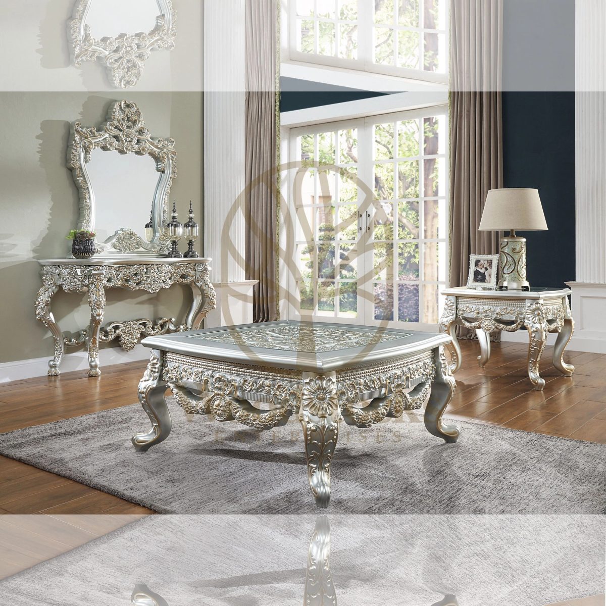 Teak Hand-Carved Belle Silver Corner Table, alternate view