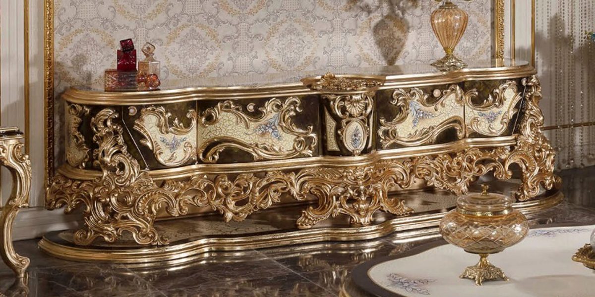 Teak Venetian Gold Carved TV Cabinet, TV Cabinet