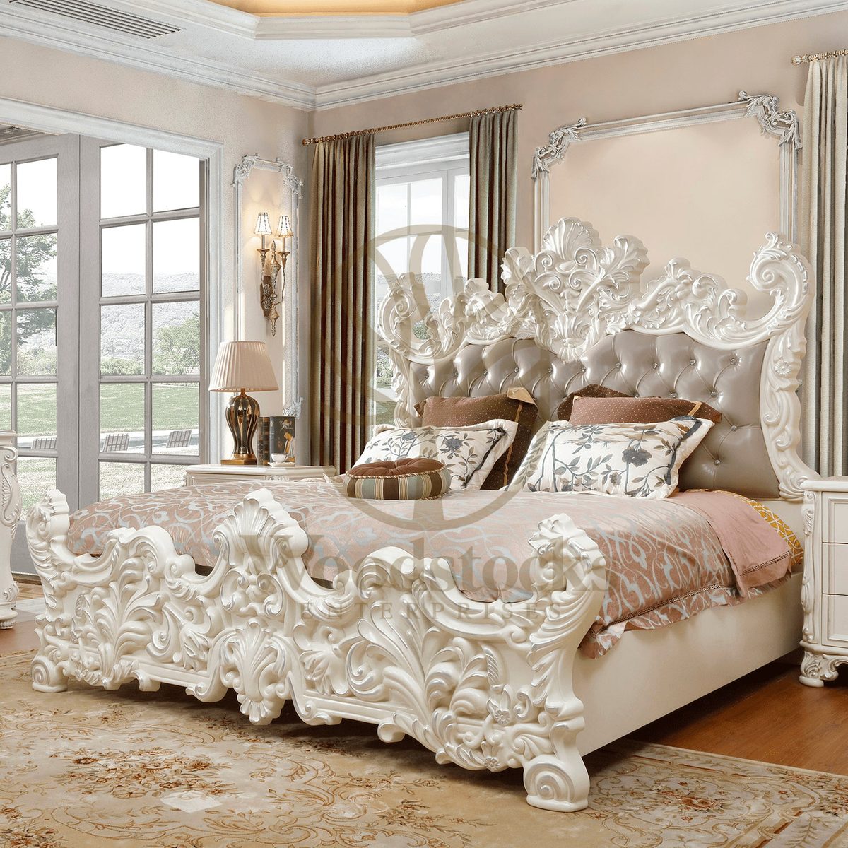 Teak Tufted Ivory 4-Piece King Size Bed, King Size Bed