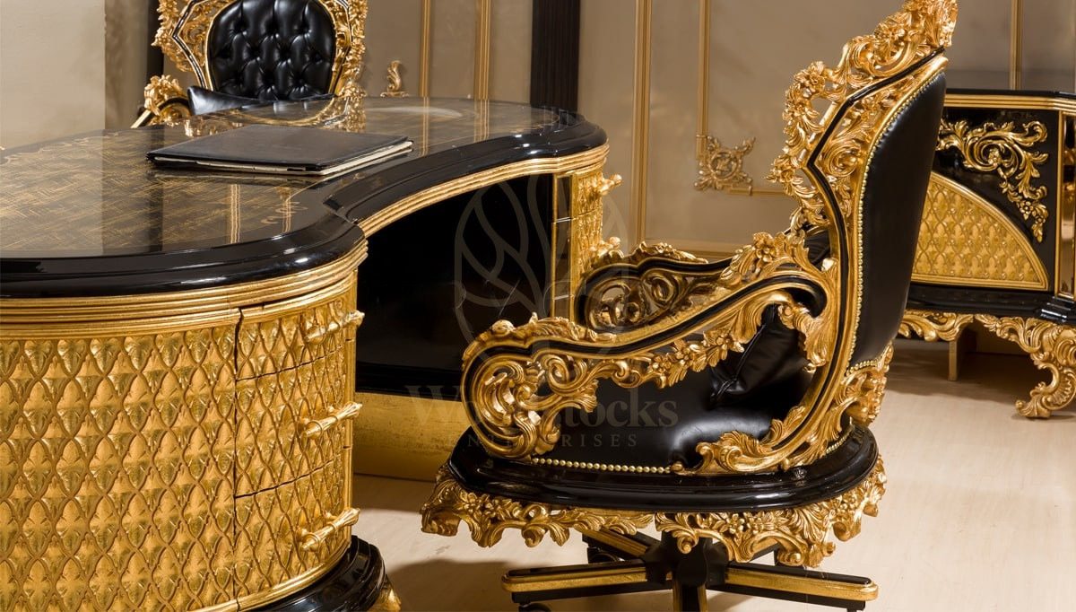 Royal Hazar Gold Leaf Hand Carved Teak Office Table, Saharanpur, view 7