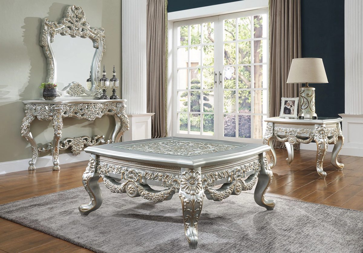 WSE High Quality Teak Wood Hand-Carved Belle Silver 3-Piece Coffee Table, Center Table
