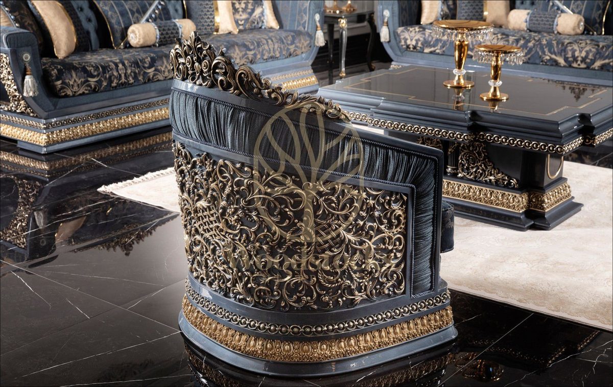 Teak Palace Blue and Silver Carved Sofa Set, view 9