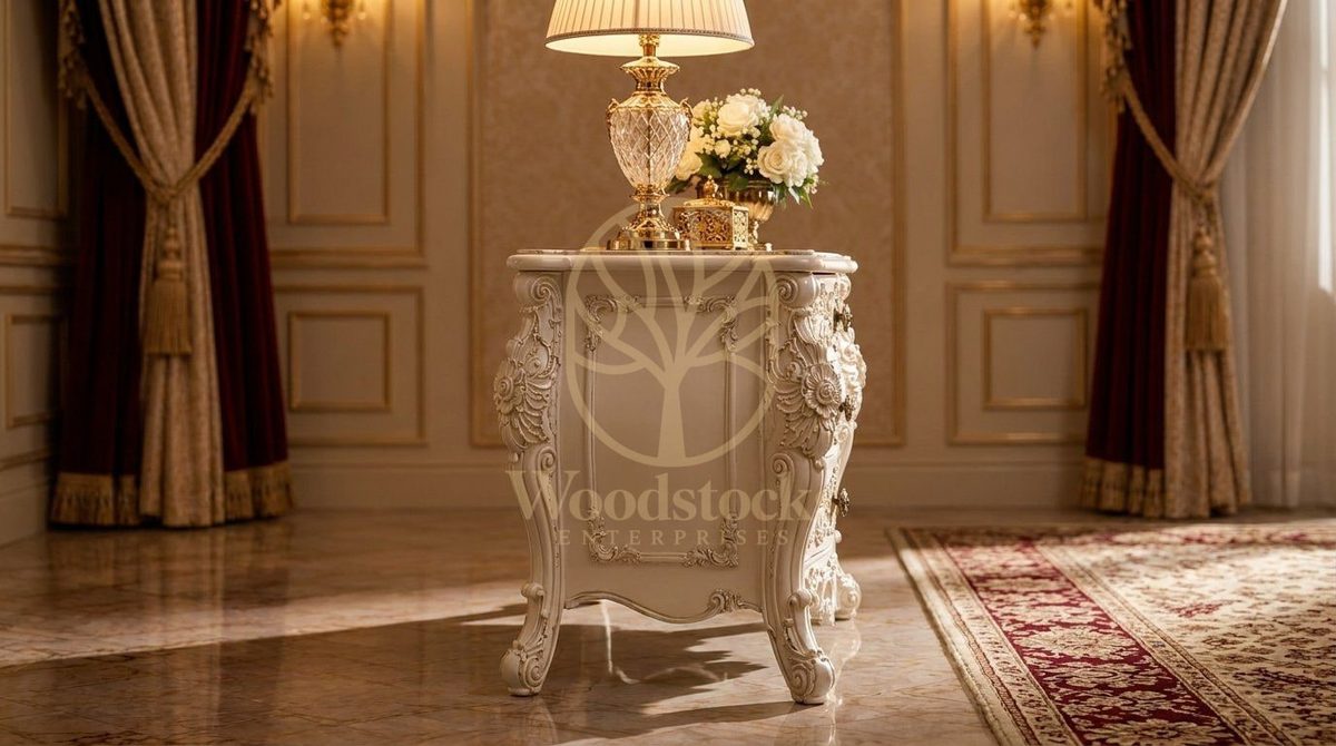 Teak Luxury Maharaja Carved Antiqued Ivory Nightstand, view 5