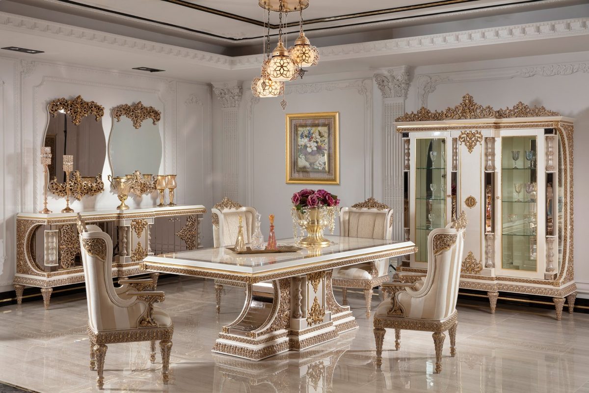 Teak Ornate Cream and Gold Dining Set, Dining Table