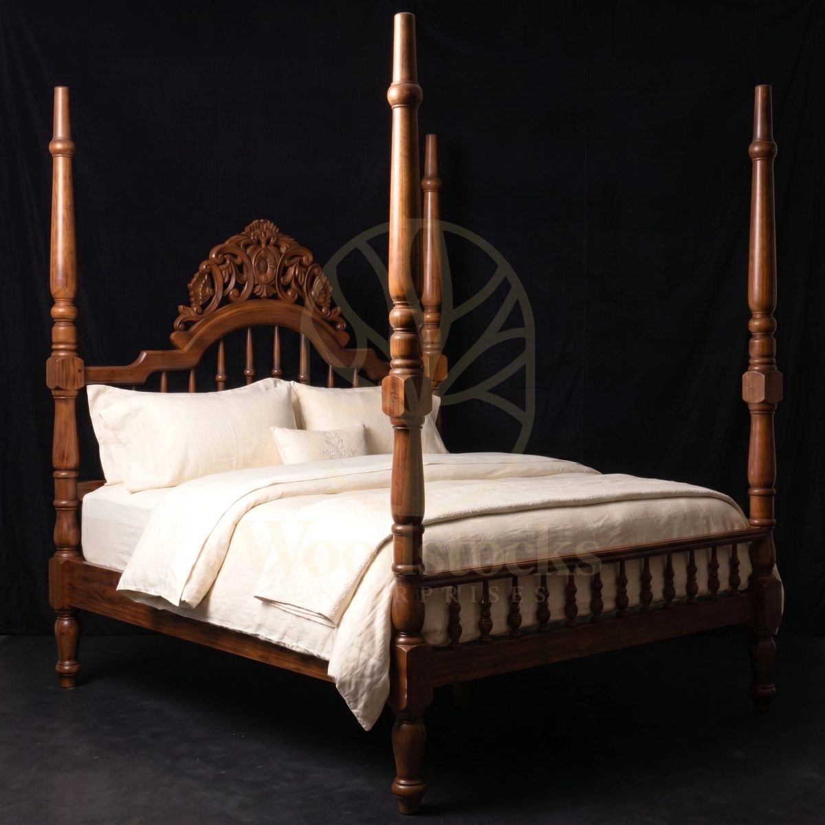 Royal Hand Carved Teak Barrackpore Colonial Four-Poster Bed, Saharanpur, Four Poster Bed