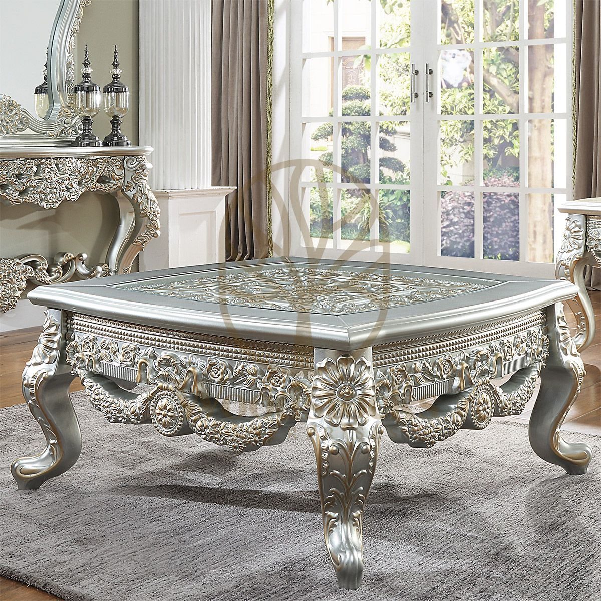 Teak Hand-Carved Belle Silver Coffee Table, view 2