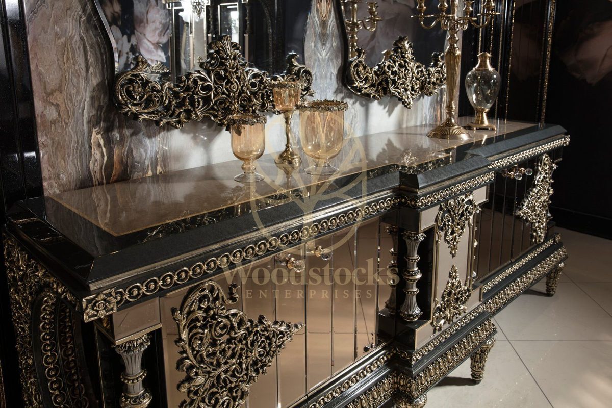 Teak Ornate Black Marble and Gold Console Table, view 3