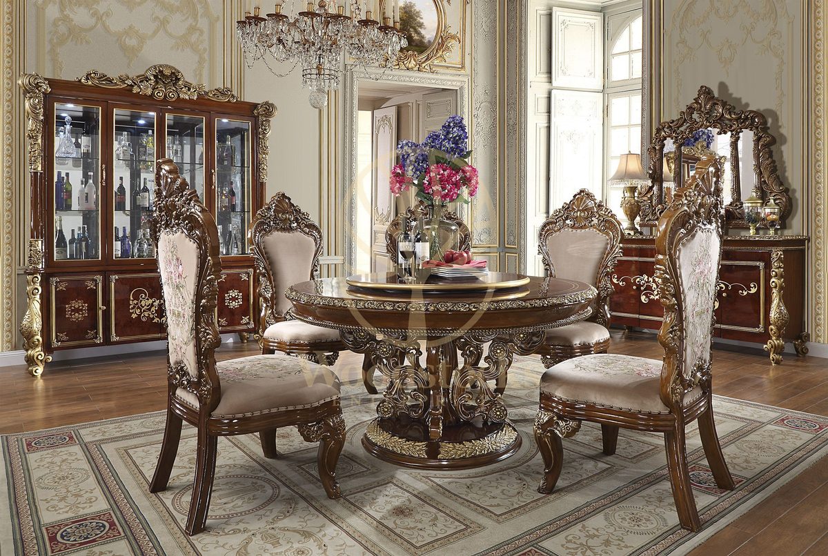 Teak Antique Gold Dining Table Set, view 3