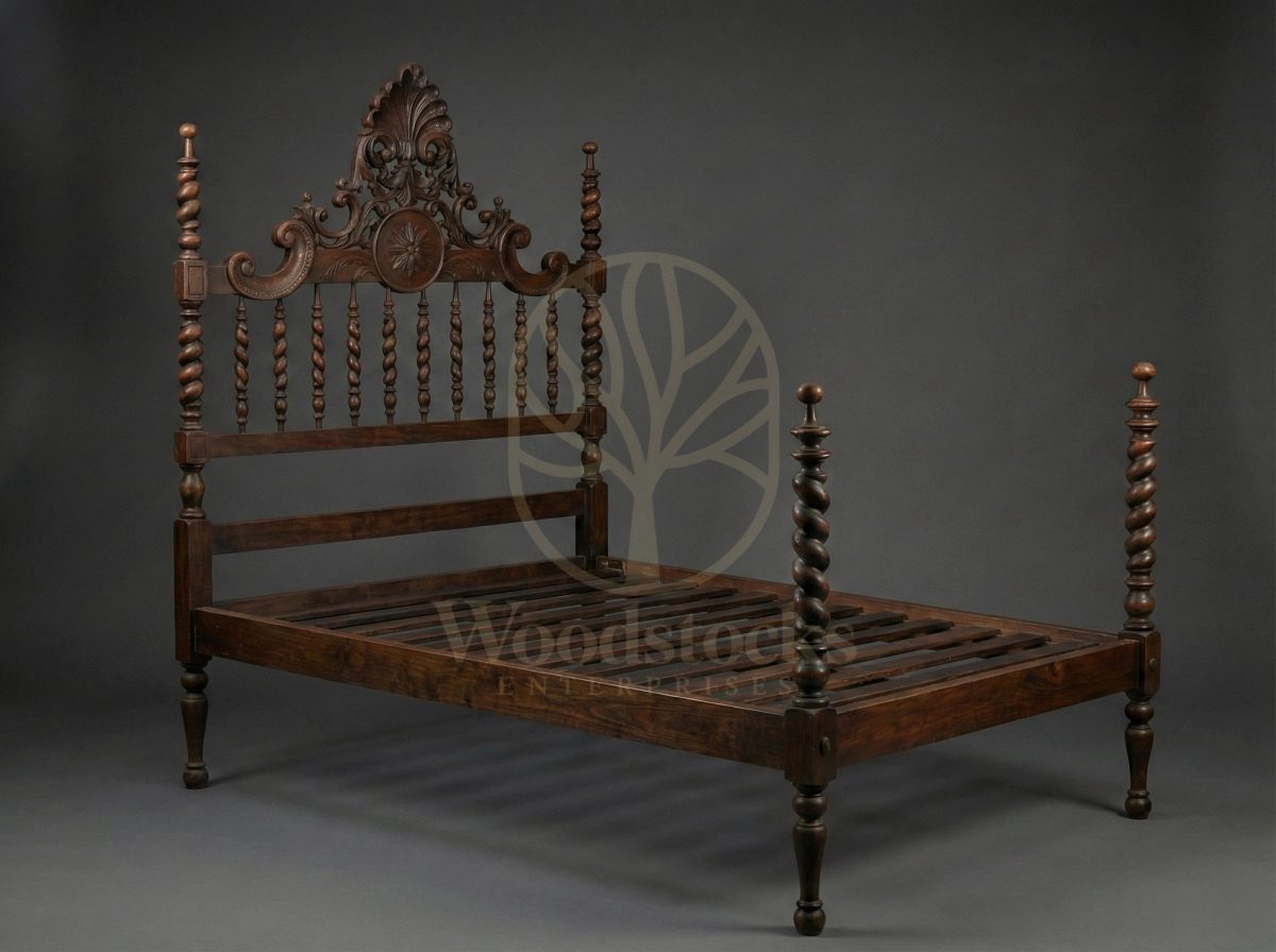 Royal Hand Carved Teak Lisbon Baroque Revival Spiral-Post Bed, Saharanpur, view 2