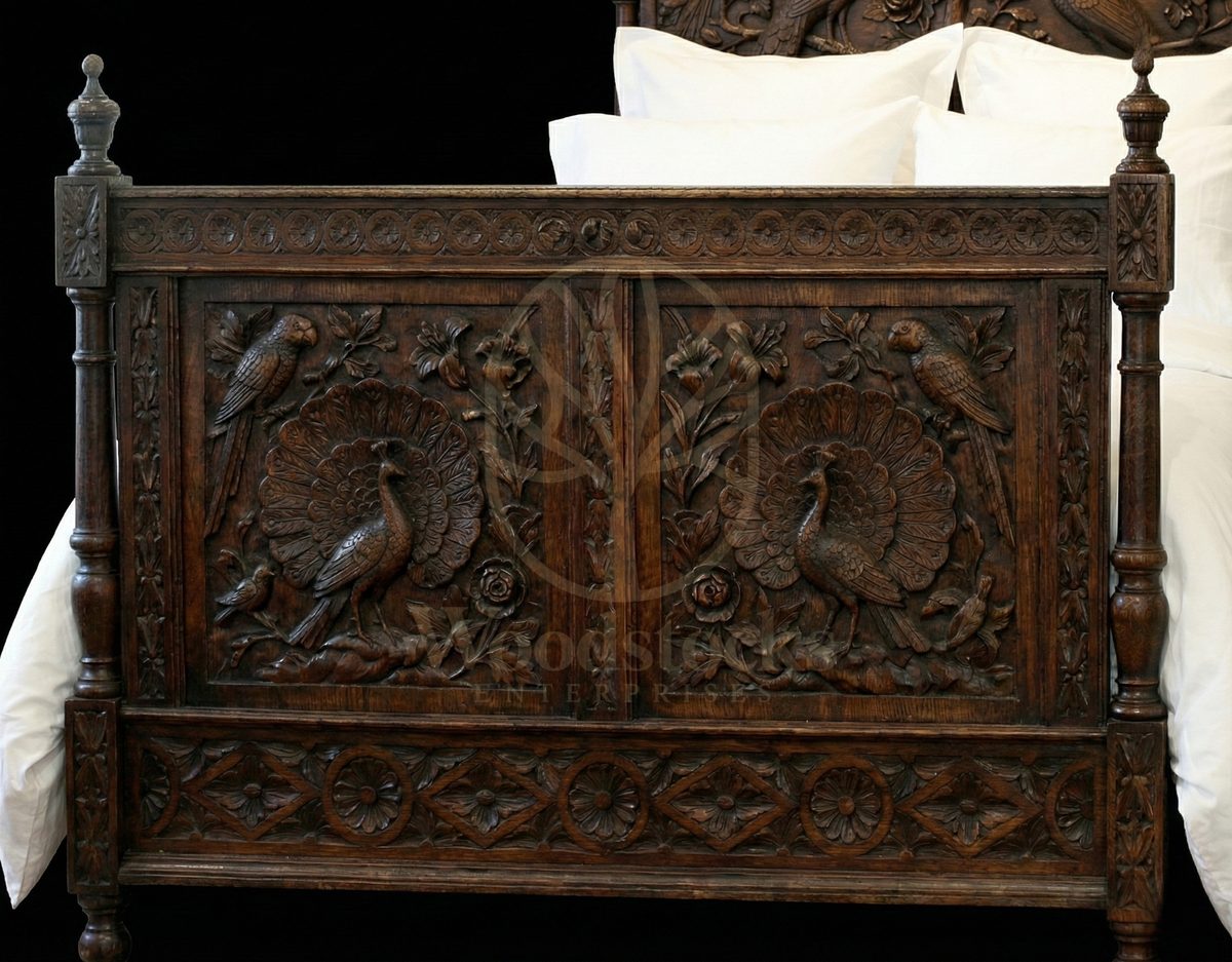 Royal Hand Carved Teak Maharaja’s Aviary Peacock Bed, Saharanpur, view 4