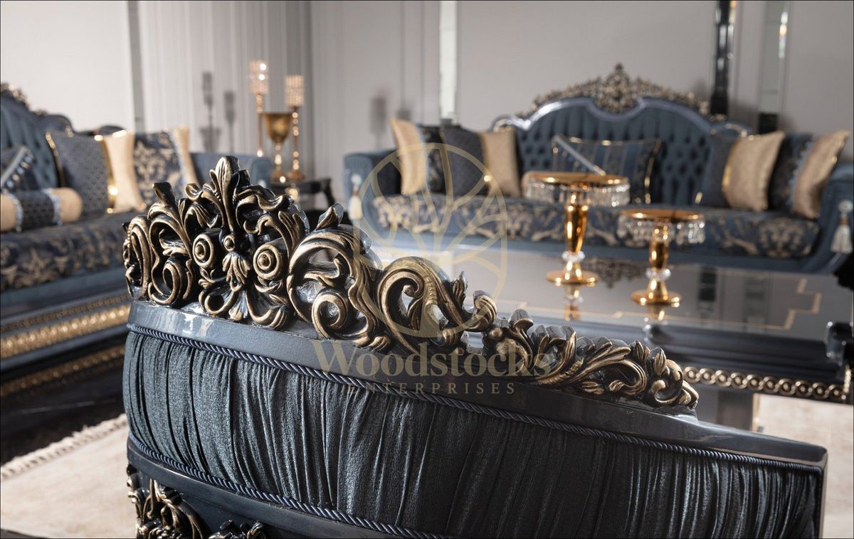 Teak Palace Blue and Silver Carved Sofa Set, view 11
