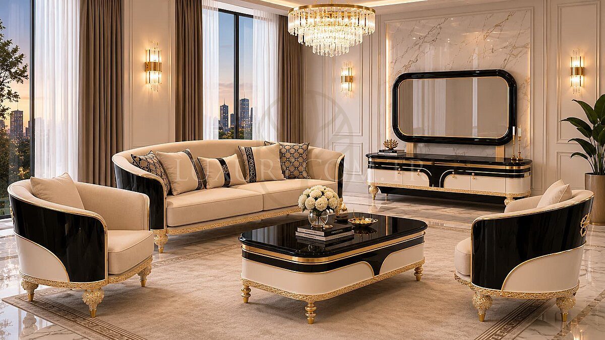 Luxury Montella White Black Handcrafted Teak Sofa Set, Saharanpur, Sofa Set