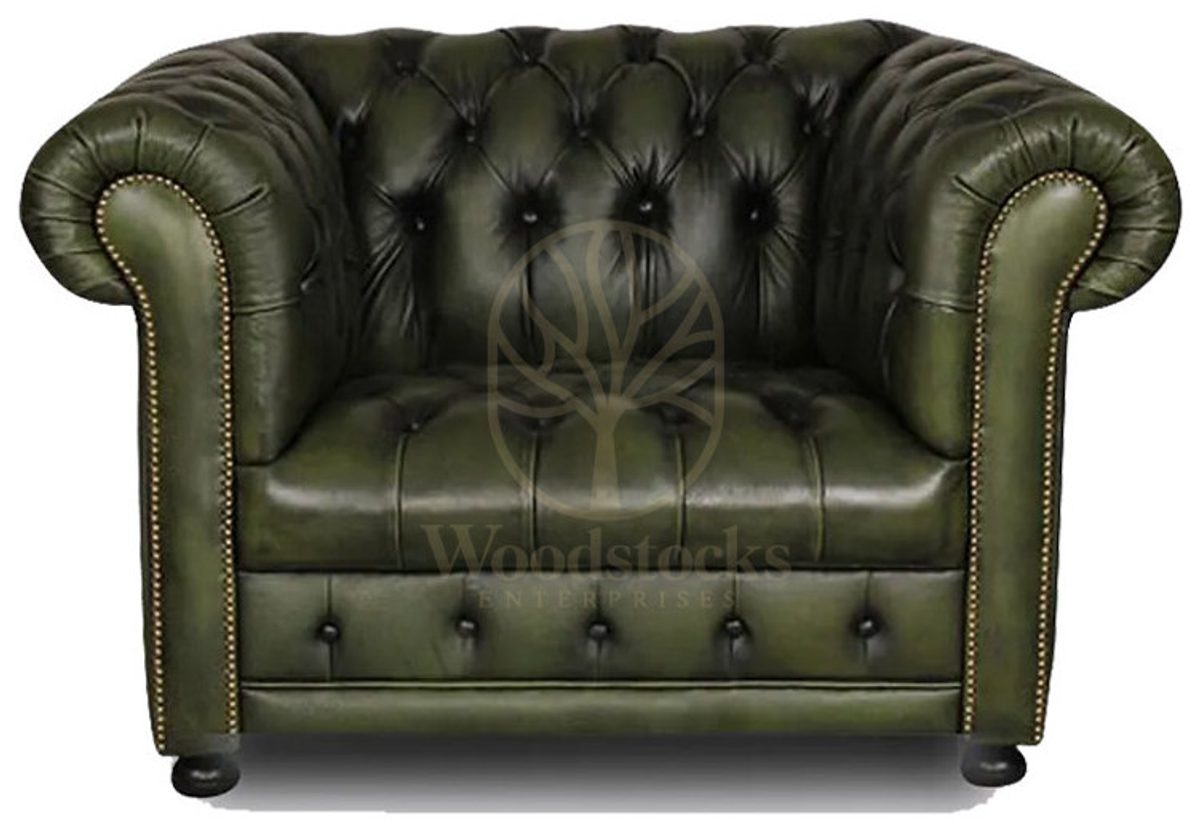 Royal Single Green Chesterfield Hand Carved Teak Armchair, Saharanpur, Living Room Chair