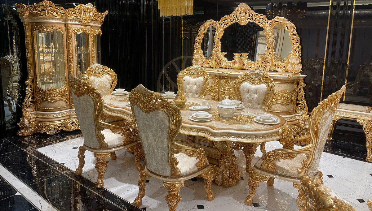 Royal Ciragan Gold Leaf Hand Carved Teak Dining Table Set, Saharanpur, Dining Table