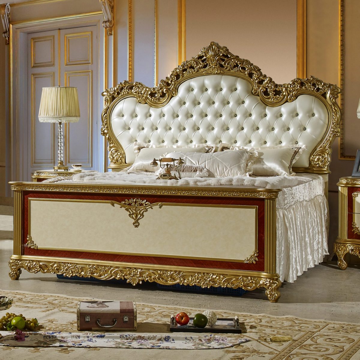 WSE High Quality Teak Wood Elegant Gold 4-Piece King Size Bed, King Size Bed
