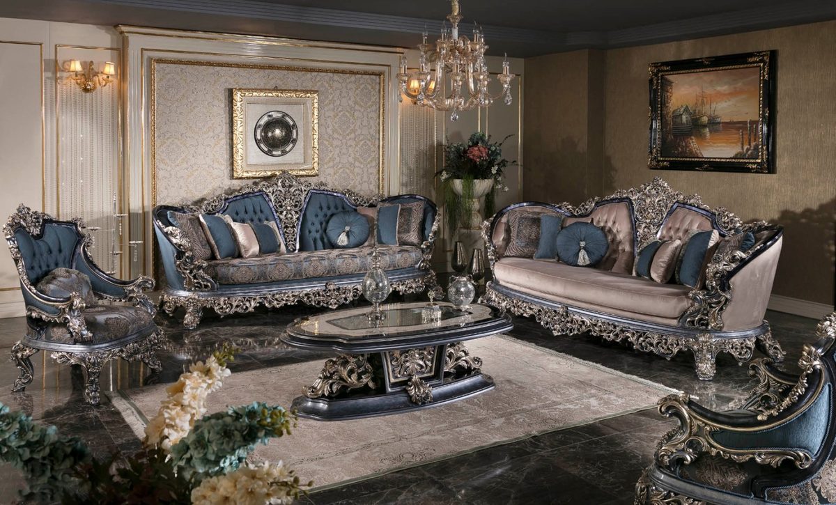 Teak Royal Navy and Silver Carved Sofa Set, Sofa Set