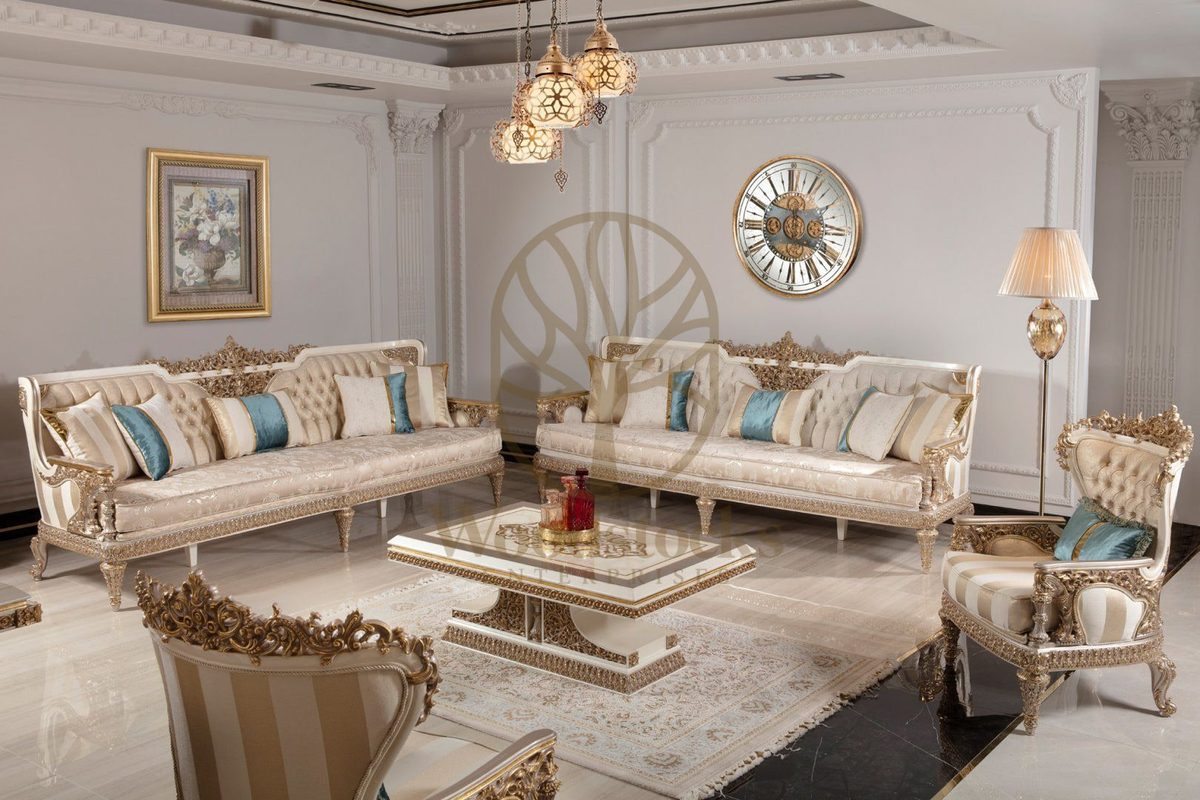 Teak Ornate Cream and Gold Throne Sofa Set, Sofa Set