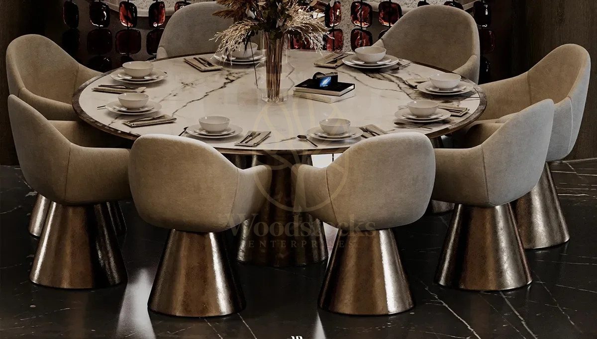 Luxury Valse Marble Round Handcrafted Teak Dining Table Set, Saharanpur, Dining Table