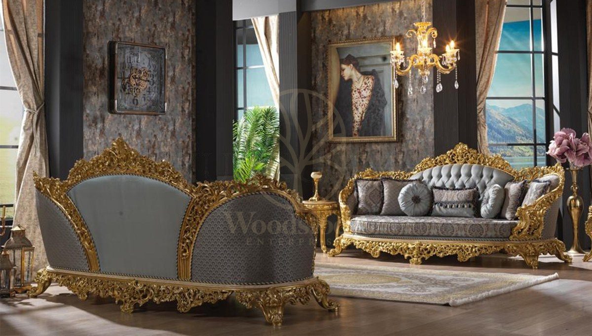 Royal Hunkar Gold Leaf Hand Carved Teak Sofa Set, Saharanpur, view 8
