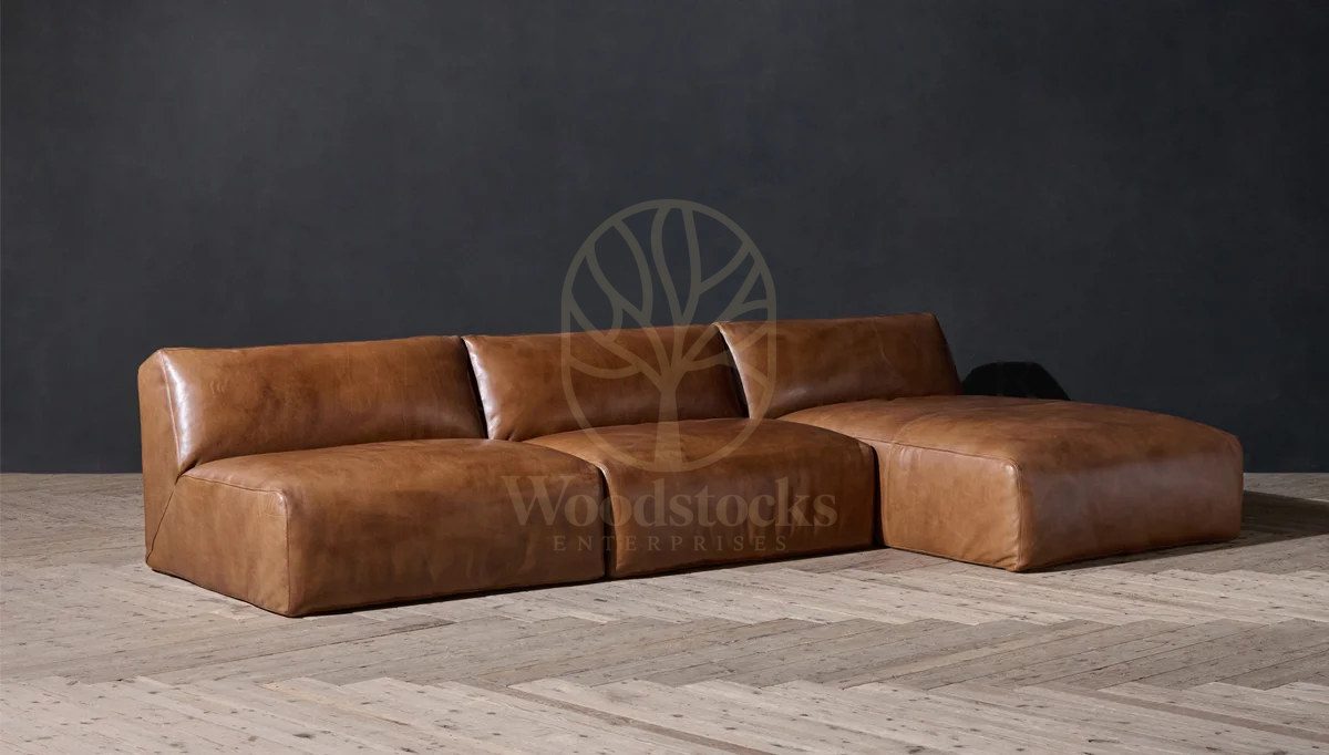Royal Oxford Brown Chesterfield Hand Carved Teak L-Shape Sofa, Saharanpur, view 4