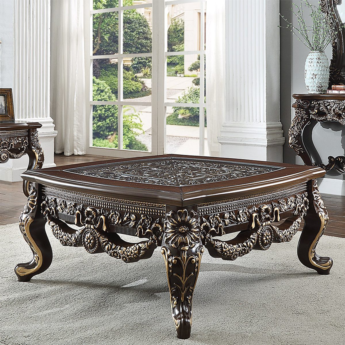 WSE High Quality Teak Wood Hand-Carved Antique Gold 3-Piece Coffee Table IV, Center Table
