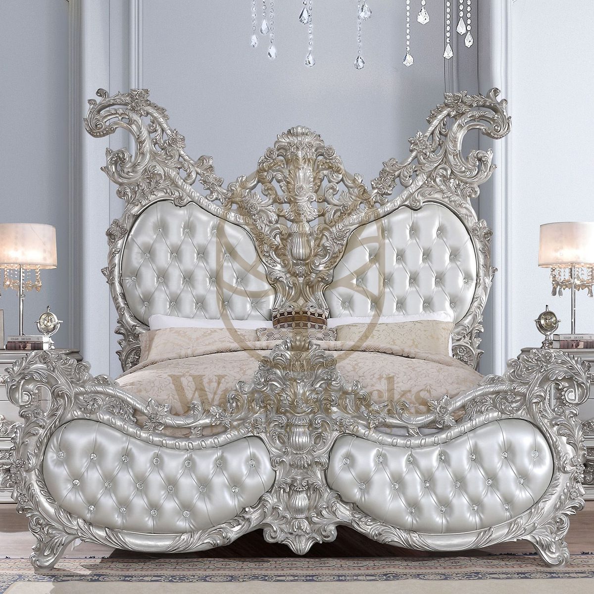 Teak Luxury Silver 5-Piece King Size Bed, King Size Bed