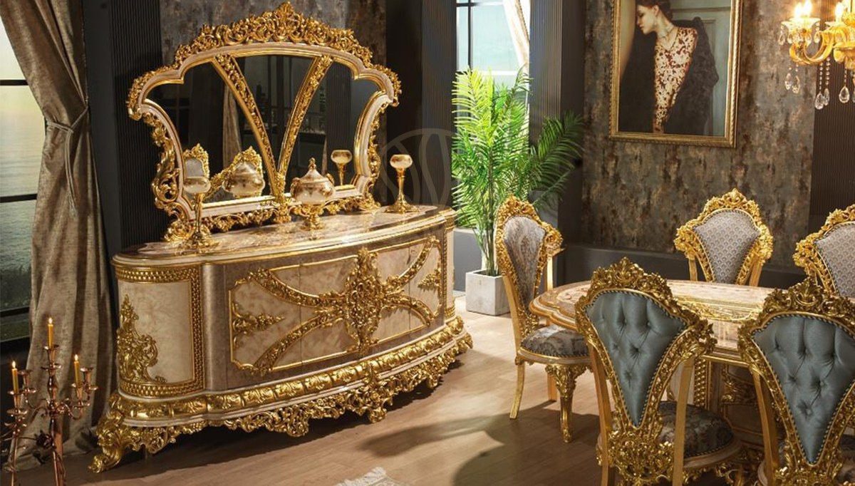 Royal Hunkar Gold Leaf Hand Carved Teak Dining Table Set, Saharanpur, view 3
