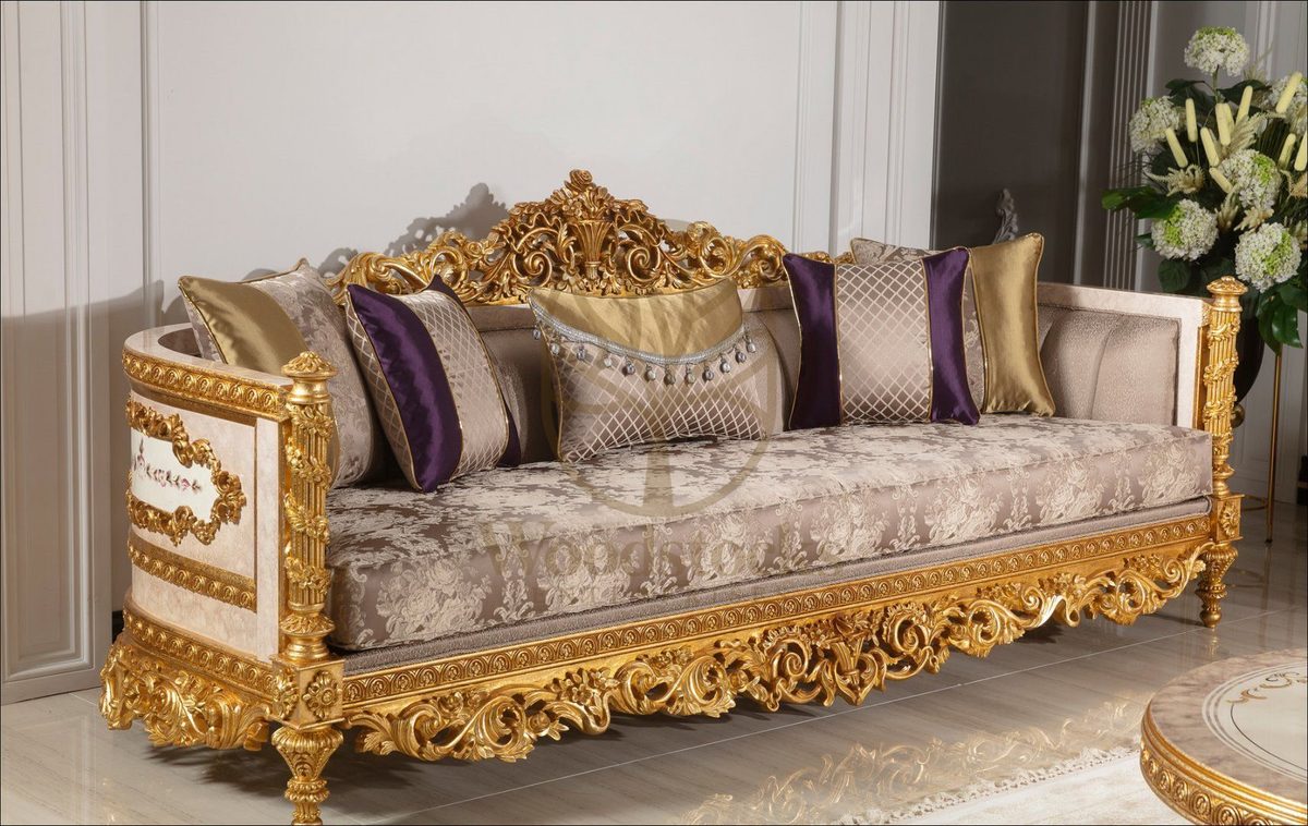 Teak Palace Cream and Gold Carved Sofa Set, view 7