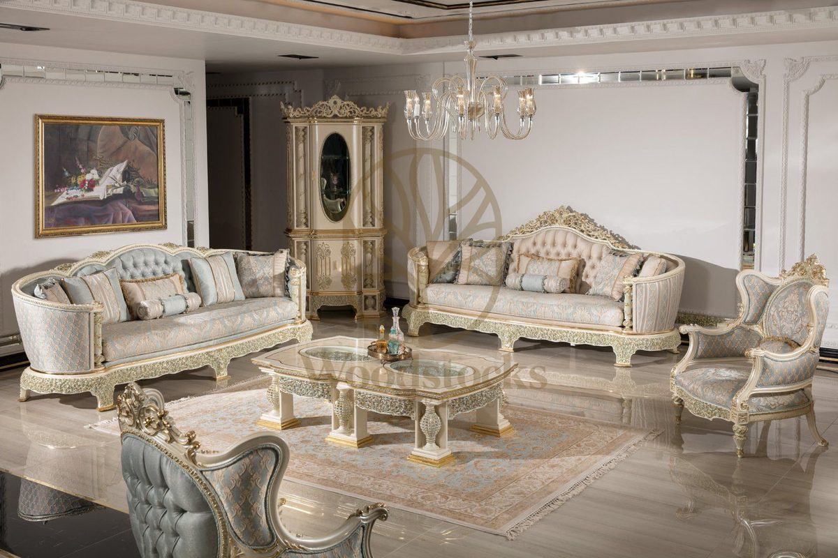 Teak Monaco Ivory and Powder Blue Sofa Set, Sofa Set