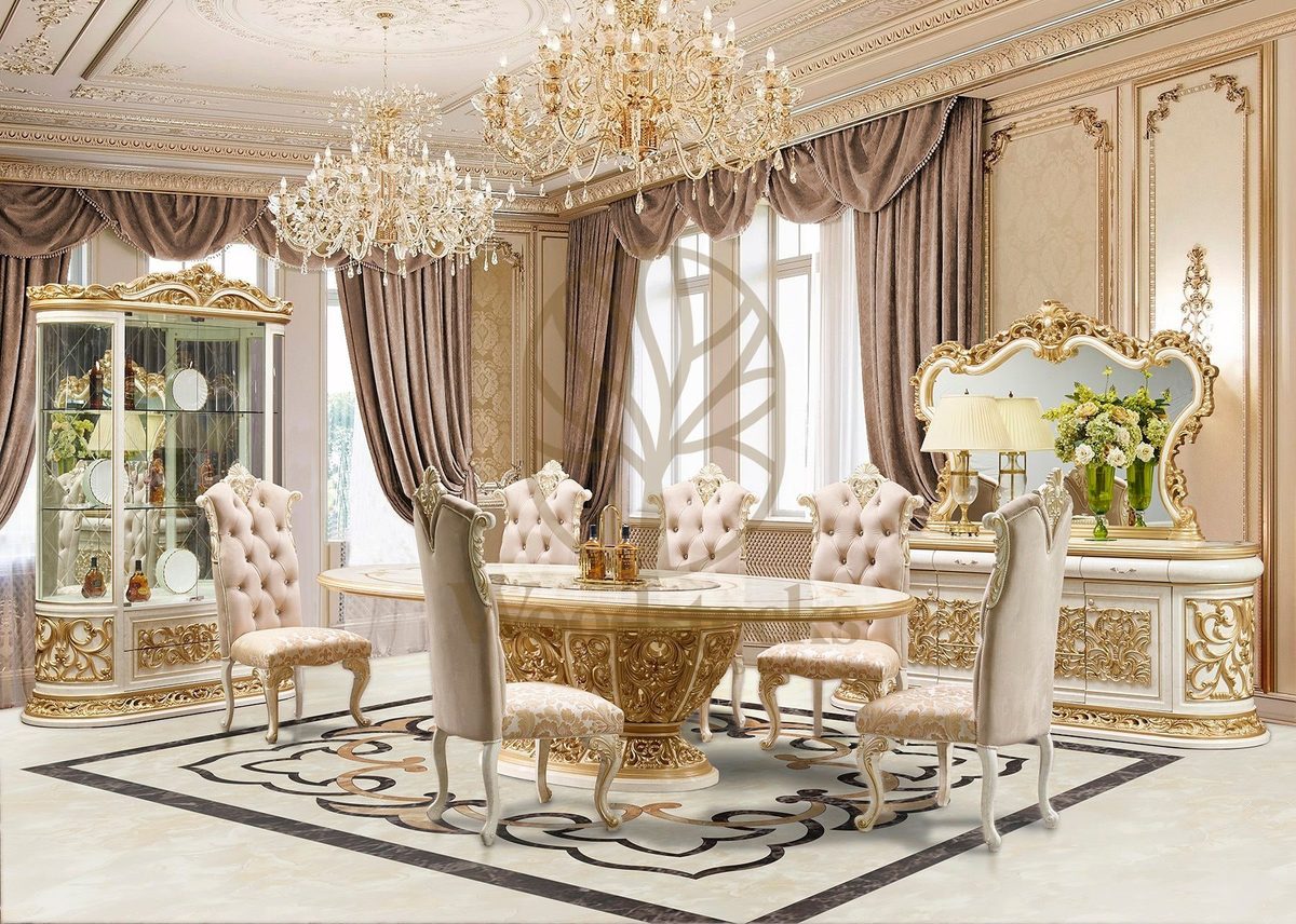 Teak Carved Cream Dining Table, alternate view