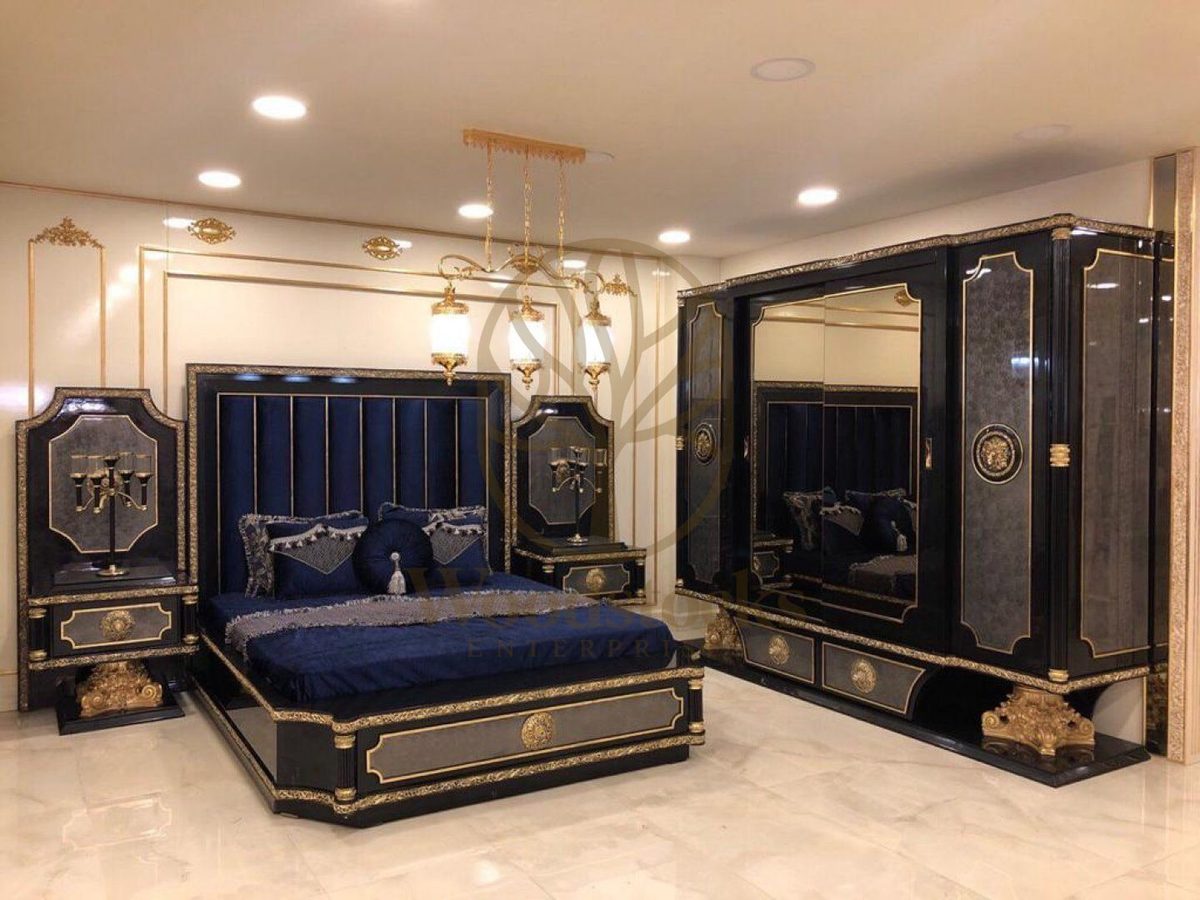 Teak Roma Navy and Gold 4-Piece King Size Bed, King Size Bed