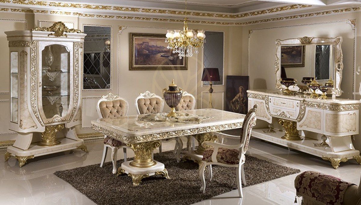 Royal Safir Cream Hand Carved Teak Dining Table Set, Saharanpur, Dining Table