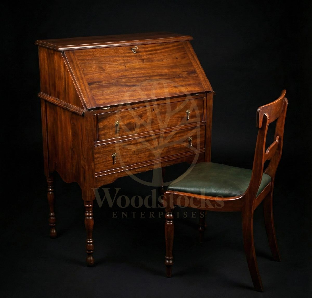 Royal Teak Regency Scribe’s Drop-Front Bureau & Sabre-Back Chair Ensemble, Saharanpur, view 2