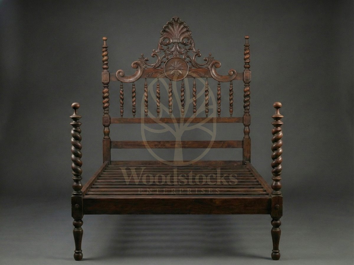 Royal Hand Carved Teak Lisbon Baroque Revival Spiral-Post Bed, Saharanpur, view 4