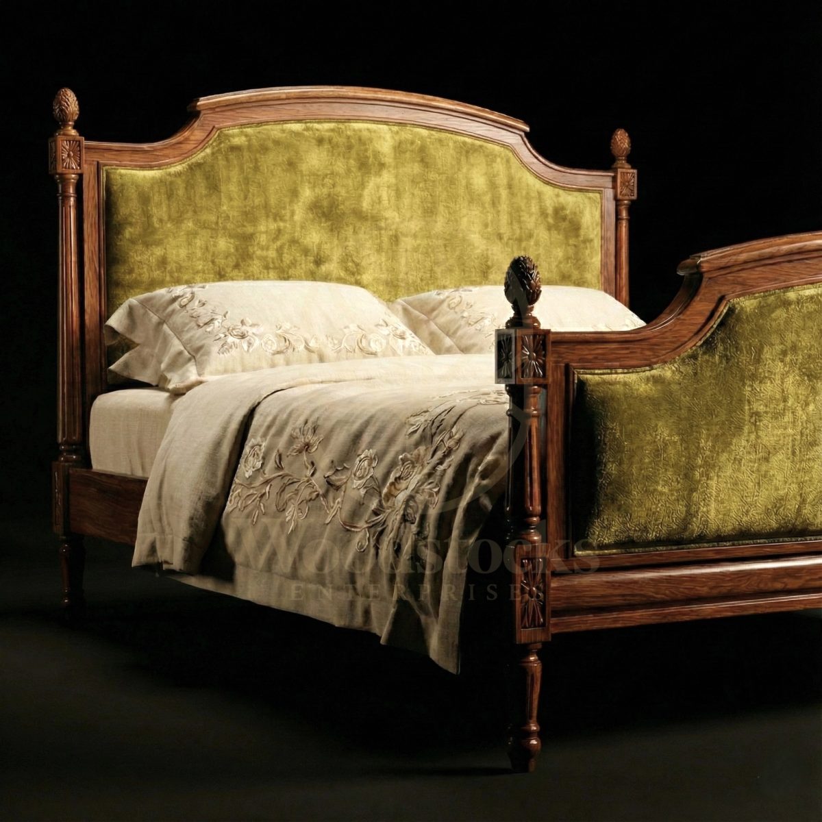 Royal Hand Carved Teak Louis XVI Salon Bed with Pomme de Pin Finials, Saharanpur, King Size Bed
