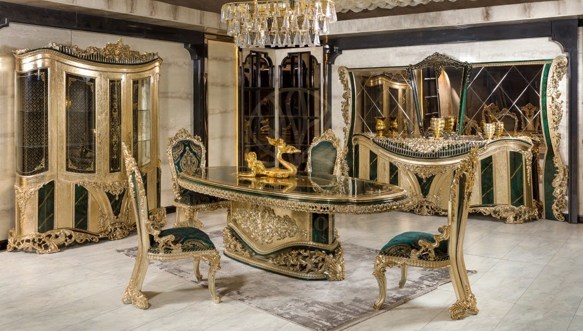 Royal Ofelya Green Hand Carved Teak Dining Table Set, Saharanpur, Dining Table
