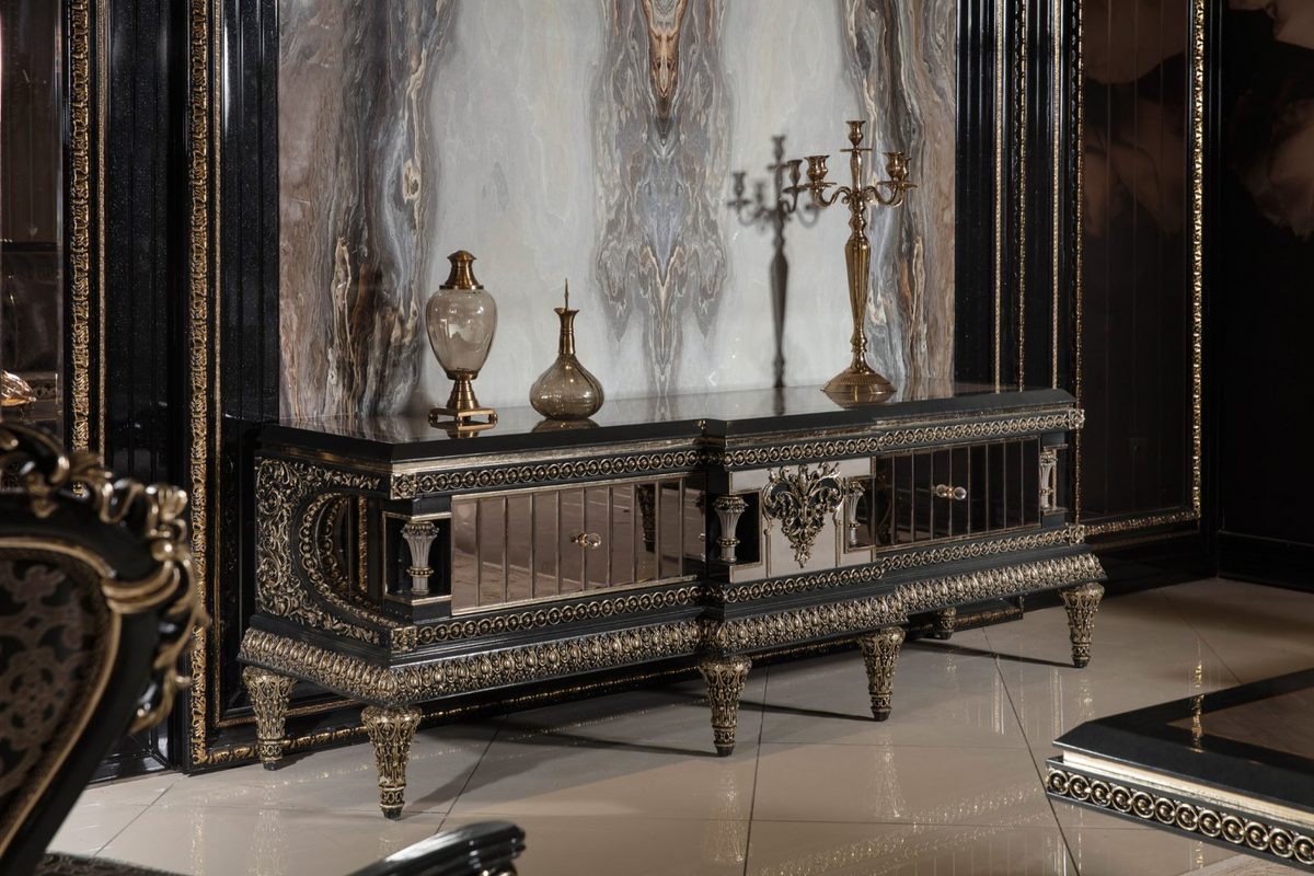 Teak Ornate Black and Gold TV Cabinet, TV Cabinet